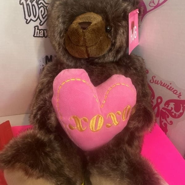 Hug Fun Hug Me Brown Teddy Bear Holding Pink XOXO Heart Plush