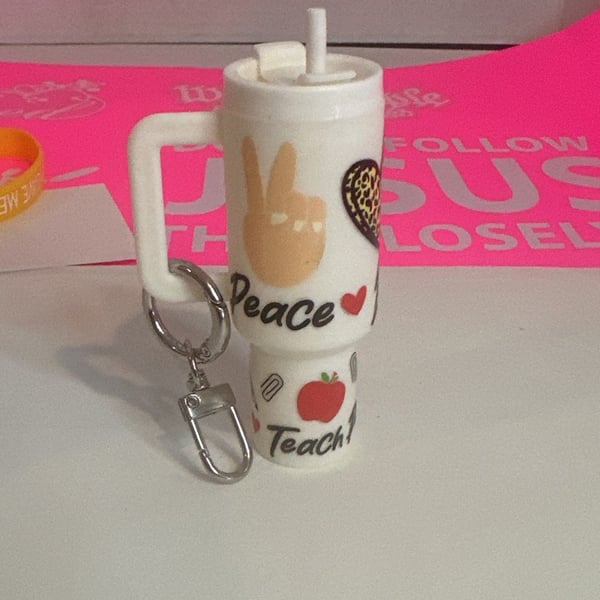 Teacher Tumbler Keychain Mini Stanley Cup Replica with Peace and Teach Design