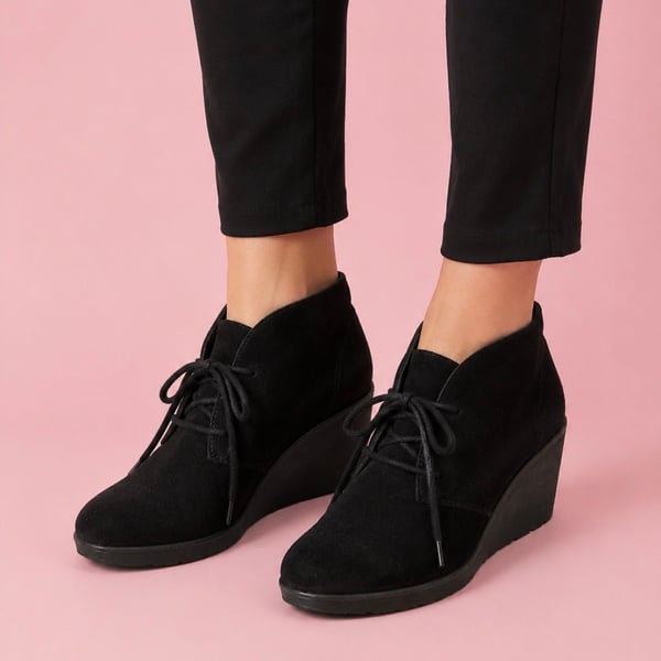 Clarks Collection by Clarks Women's Black Suede Lace-Up Wedge Booties, Sz 7