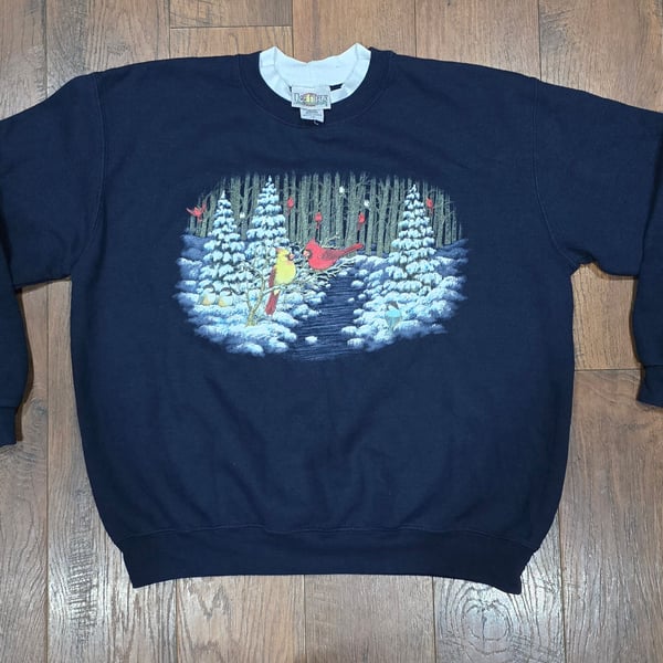Day Breeze Vintage Winter Forest Cardinals Graphic Sweatshirt Navy Blue Size 1X