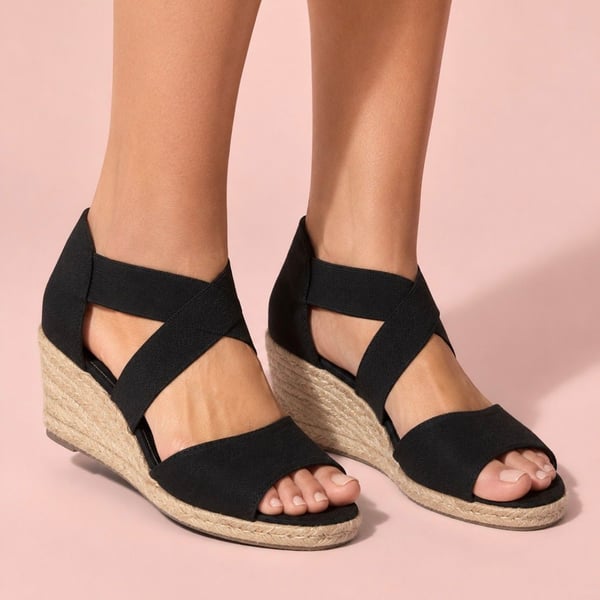White Mountain Black Canvas Espadrille Wedge Sandals, Sz 8M