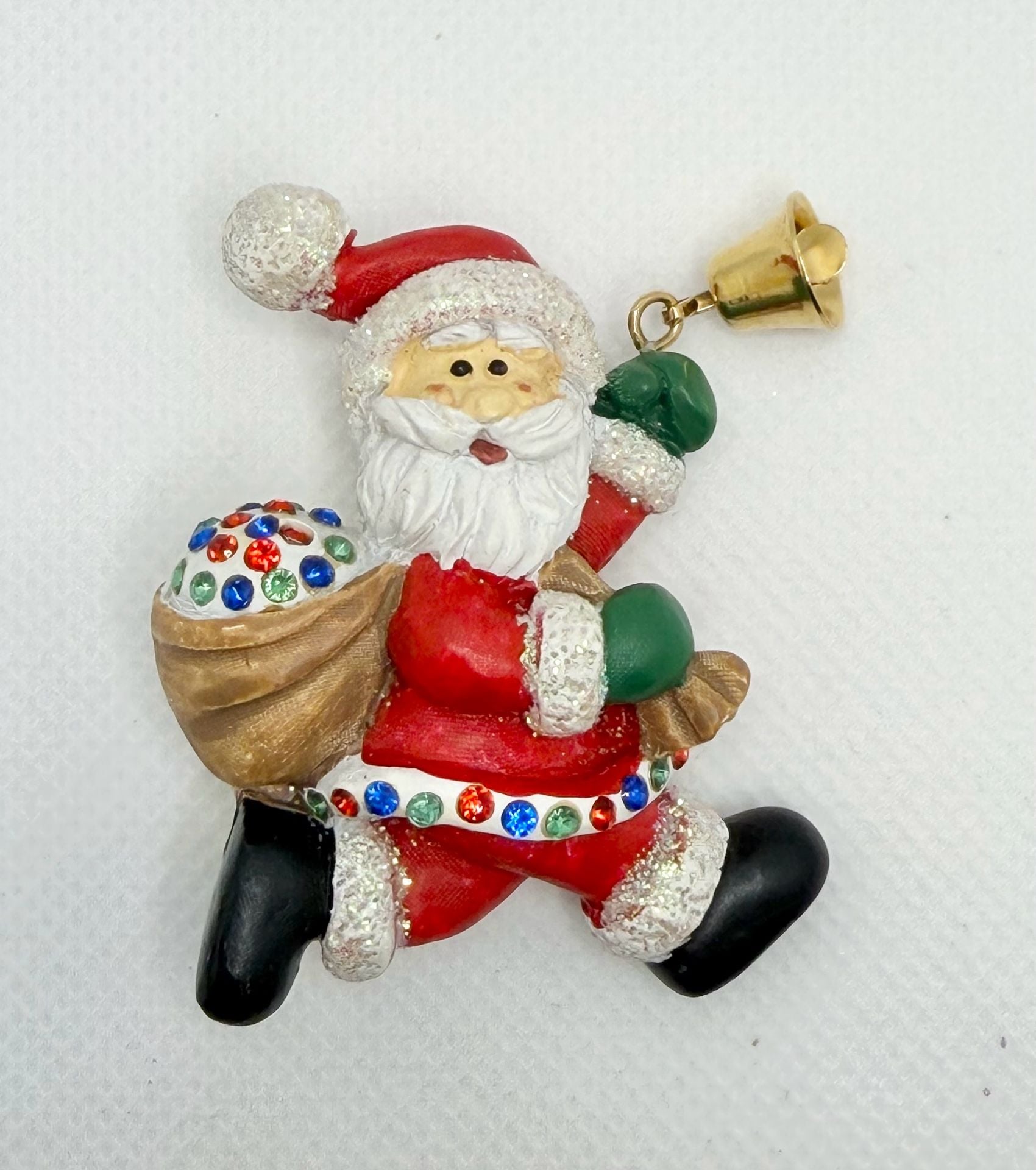 Vintage Pin Brooch Santa Claus w Bag of Presents & Rhinestones & Bell St. Nick 2