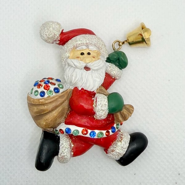 Vintage Pin Brooch Santa Claus w Bag of Presents & Rhinestones & Bell St. Nick