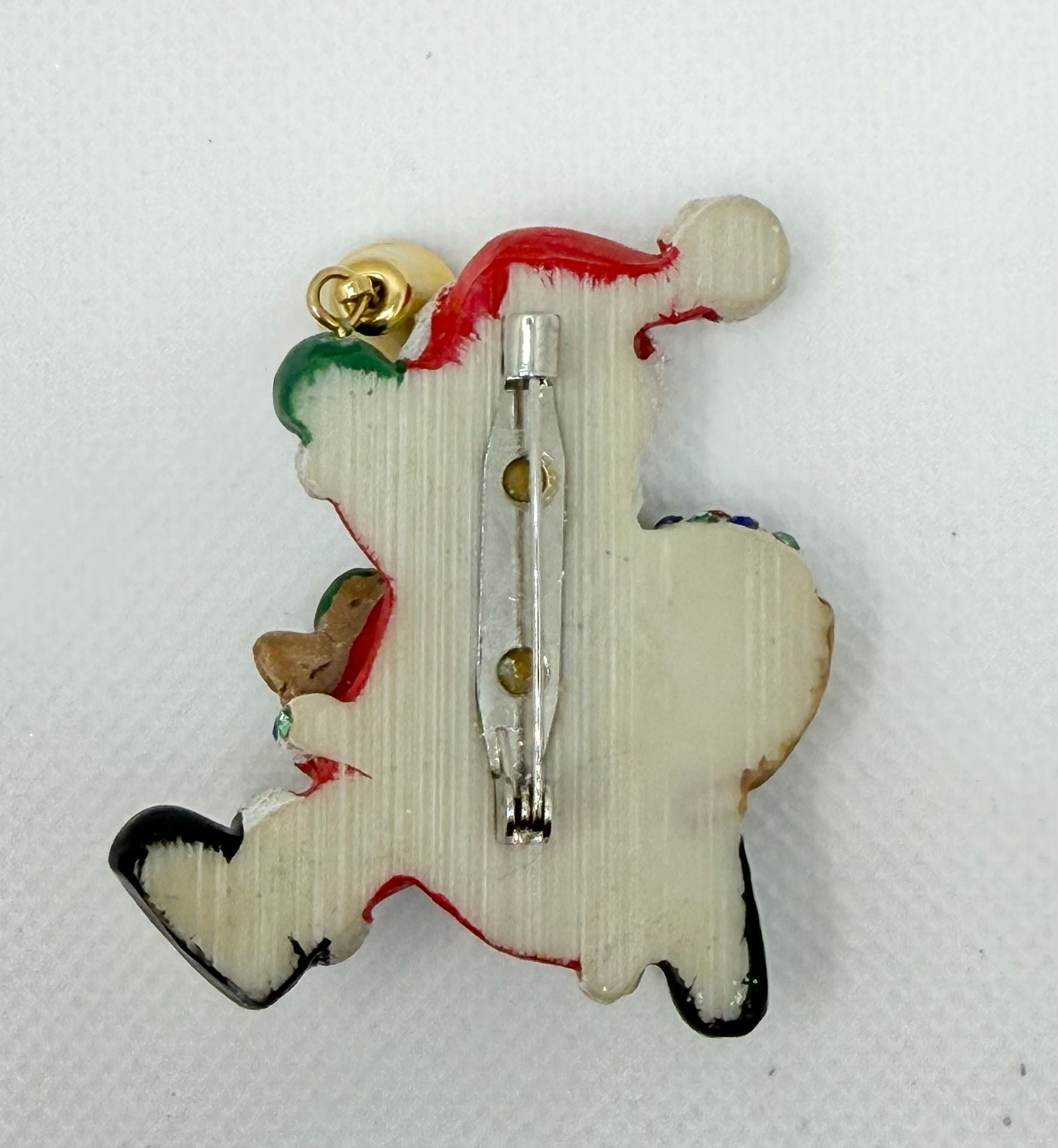 Vintage Pin Brooch Santa Claus w Bag of Presents & Rhinestones & Bell St. Nick 3