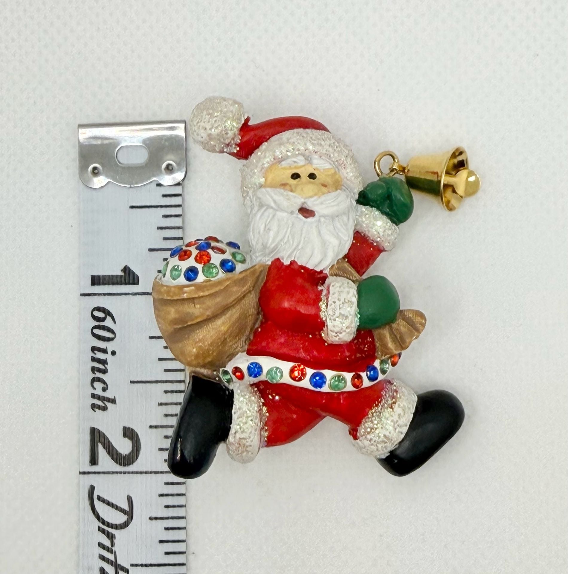 Vintage Pin Brooch Santa Claus w Bag of Presents & Rhinestones & Bell St. Nick 4