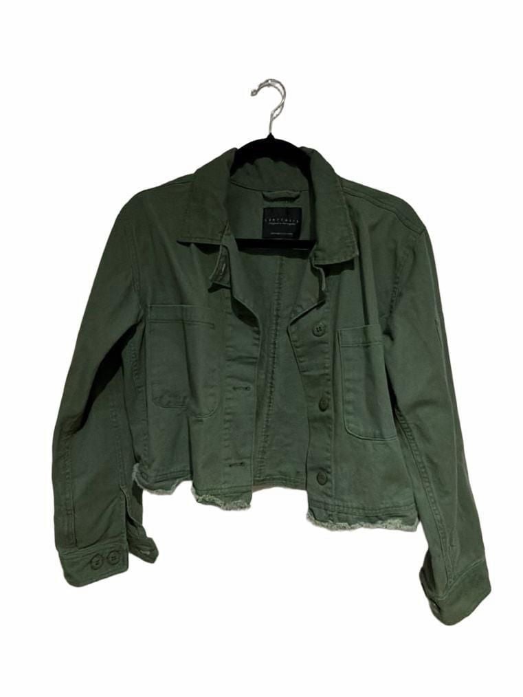 Sanctuary Olive Green Cropped Utility Denim Jacket with Frayed Hem 2