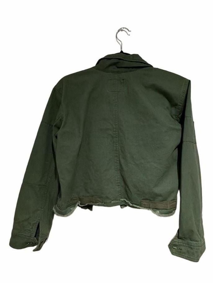 Sanctuary Olive Green Cropped Utility Denim Jacket with Frayed Hem 5