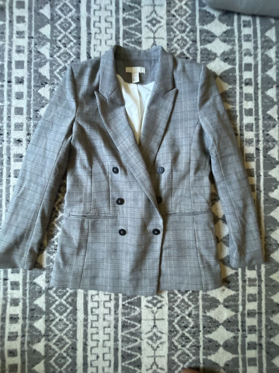 H&M Womens gray tan plaid double breasted blazer fall winter jacket buttons pockets size 6 small 2