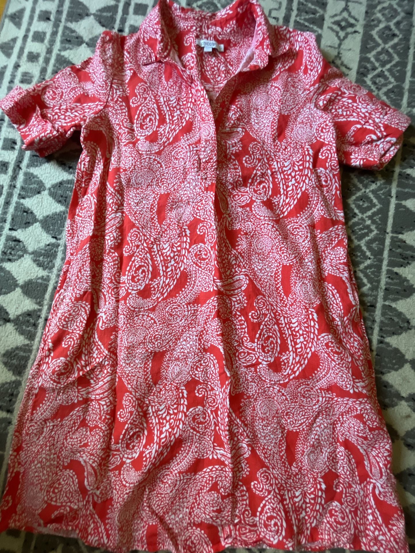 Chicos orange & white paisley linen dress Half sleeve size 8 2