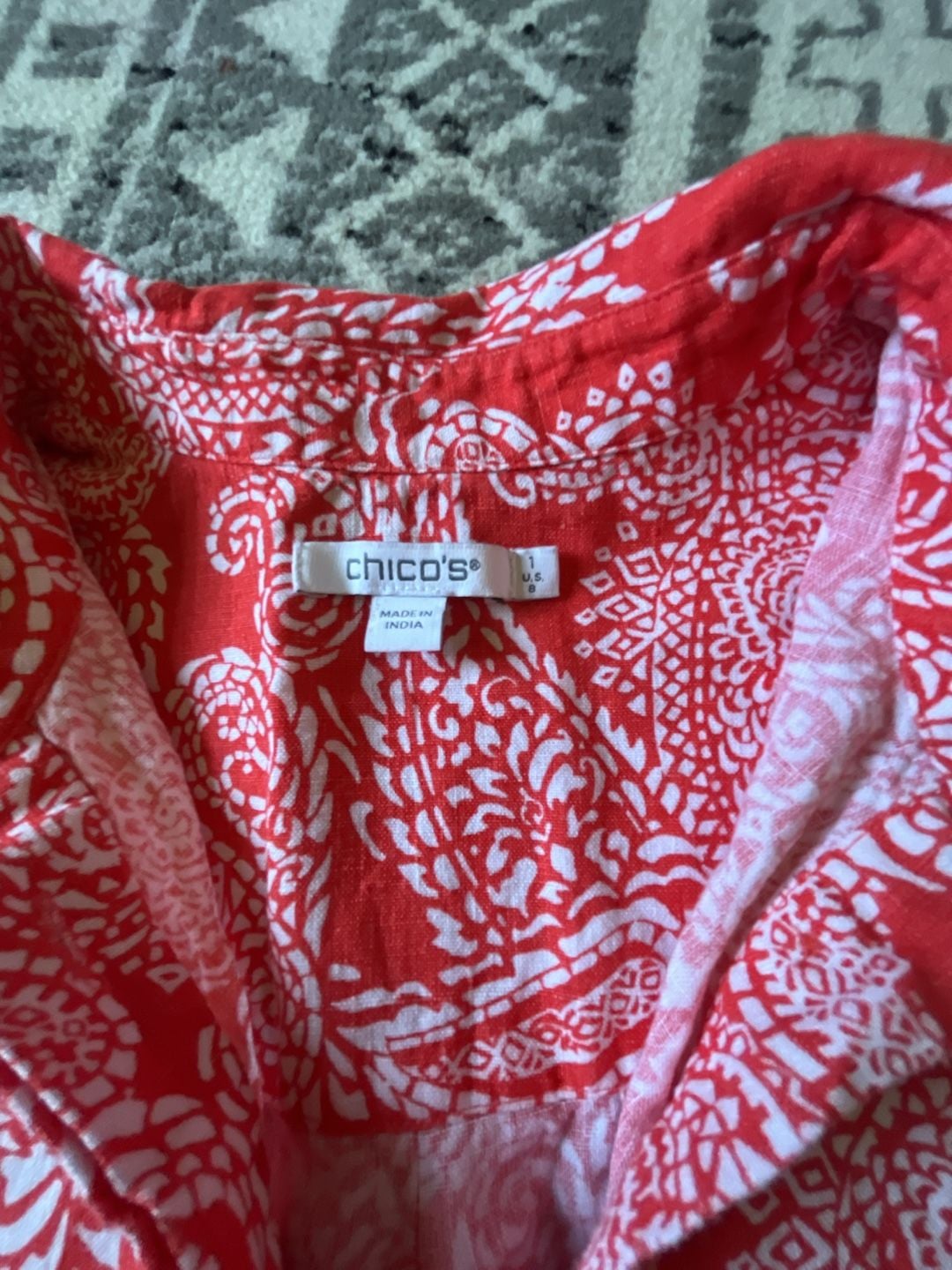 Chicos orange & white paisley linen dress Half sleeve size 8 3