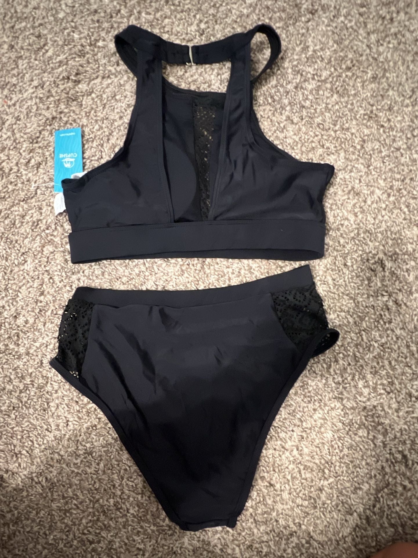 CUPSHE Black High Neck Halter Crochet 2-Piece Bikini Size S 8