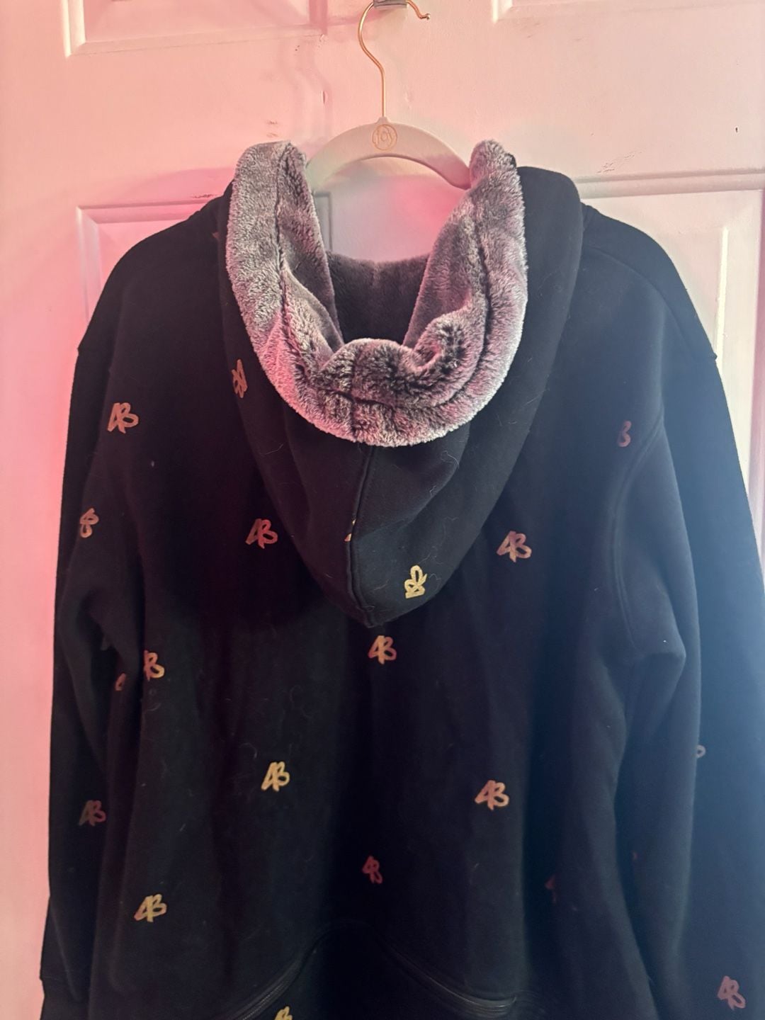 Uni  Comfort Black Fuzzy Hooded Onesie Pajamas with Gold AB Monogram Print 7