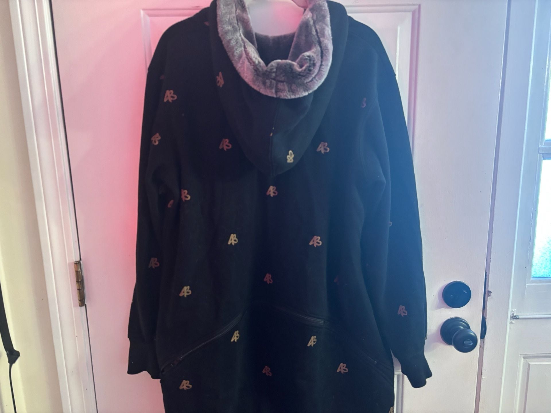 Uni  Comfort Black Fuzzy Hooded Onesie Pajamas with Gold AB Monogram Print 8