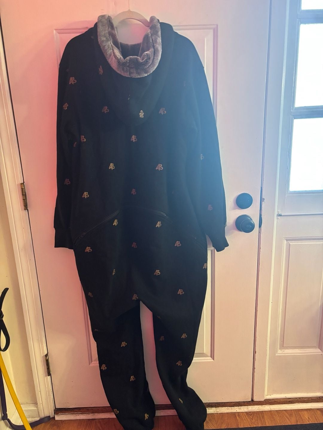 Uni  Comfort Black Fuzzy Hooded Onesie Pajamas with Gold AB Monogram Print 9