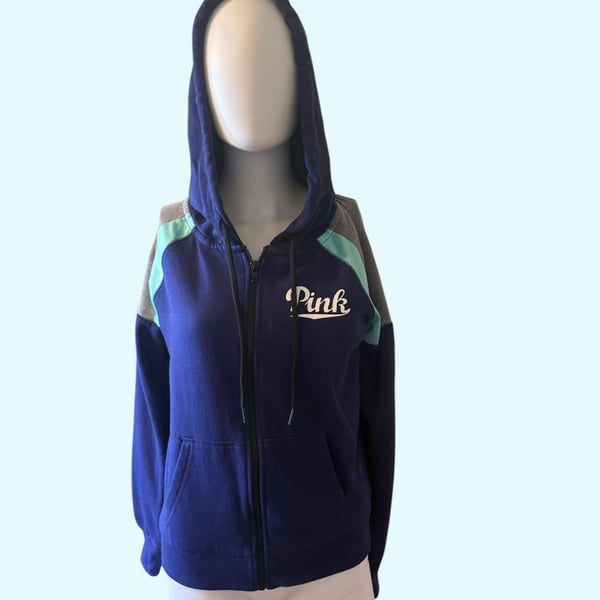 Victoria's Secret PINK Blue Colorblock Full Zip Logo Hoodie Size S