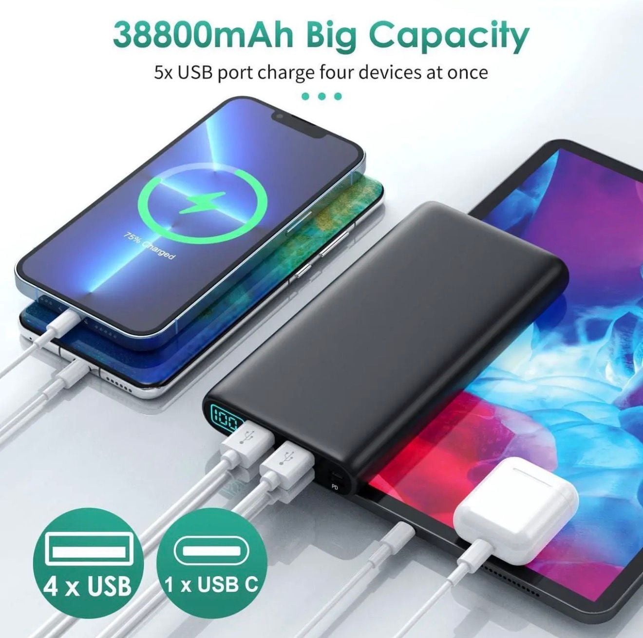 Portable Charger 38800mAh, LCD Display Power Bank, 4 USB Outputs 2