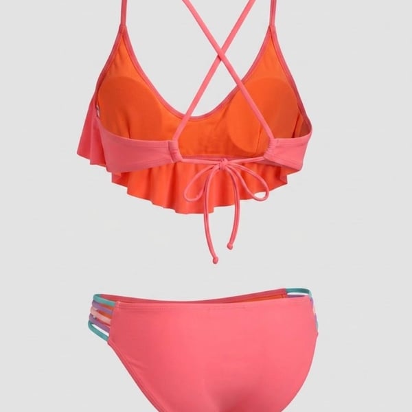 Xhilaration Neon Orange Ruffle Flounce Bikini and multi-strap Swimsuit medium 