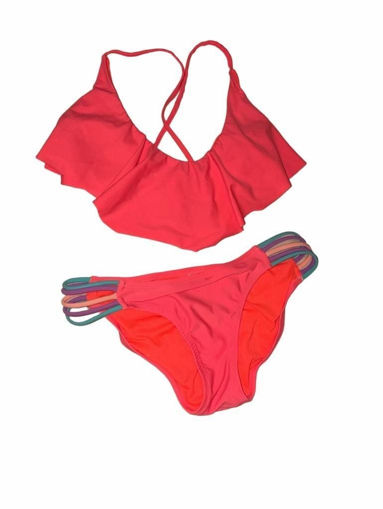 Xhilaration Neon Orange Ruffle Flounce Bikini and multi-strap Swimsuit medium 2