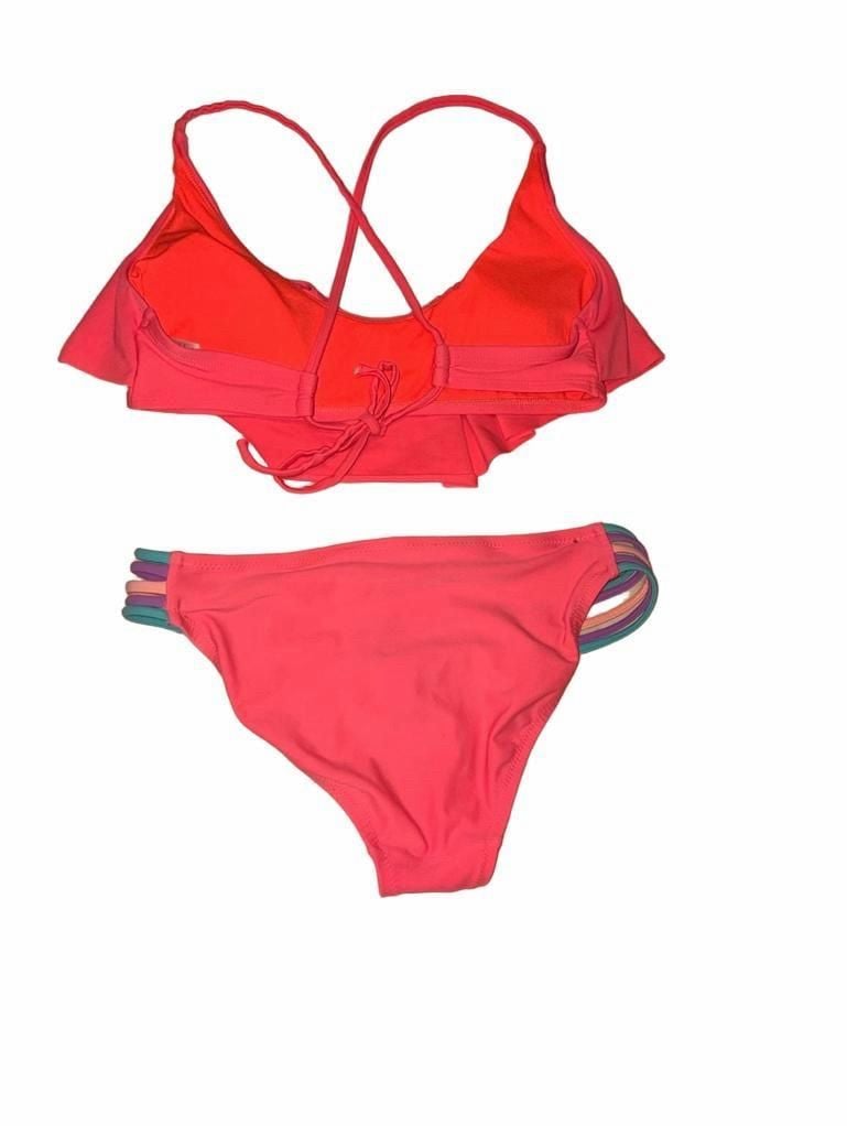 Xhilaration Neon Orange Ruffle Flounce Bikini and multi-strap Swimsuit medium 4