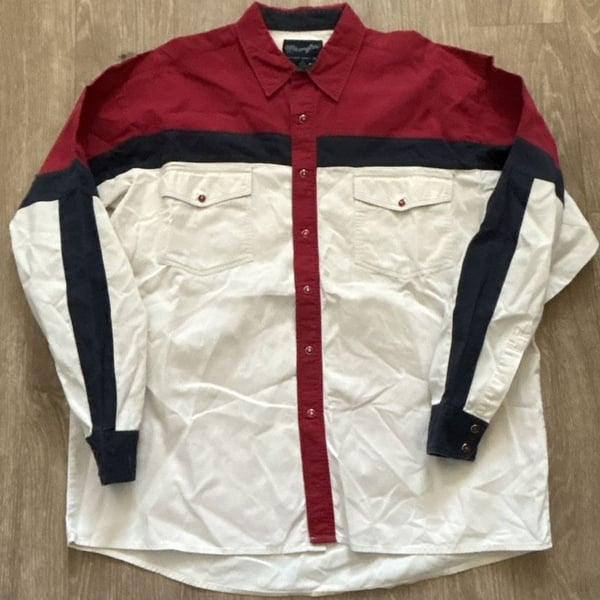 Wrangler Western Shirt Mens XL Red White Blue Colorblock Long Sleeve Button Up