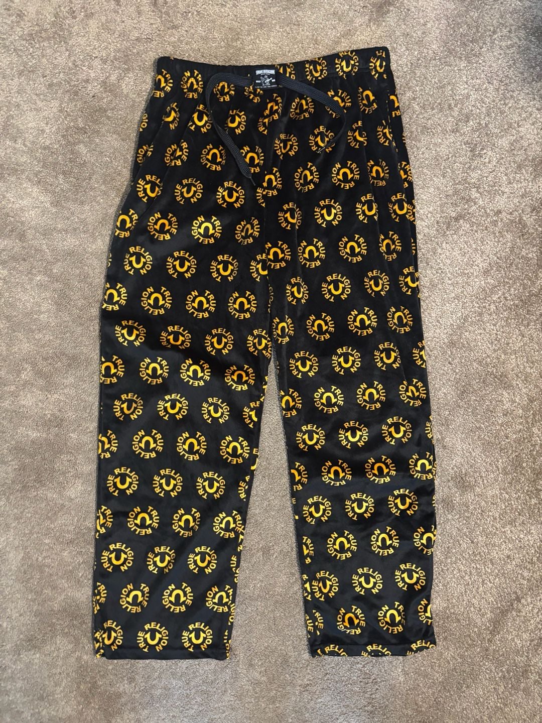 True Religion Men L Pajama Pants Black Gold All Over Print Logo Sleepwear Soft 2