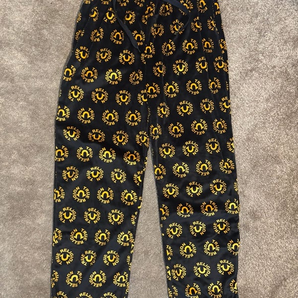 True Religion Men L Pajama Pants Black Gold All Over Print Logo Sleepwear Soft