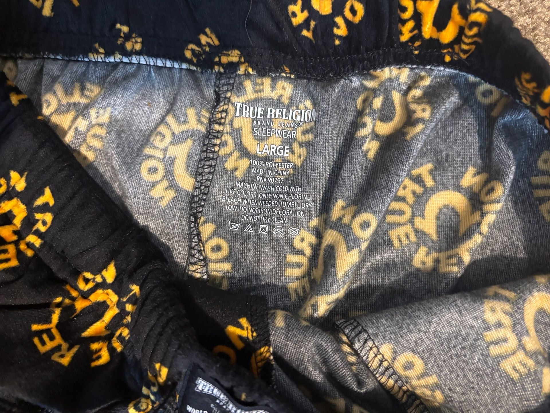 True Religion Men L Pajama Pants Black Gold All Over Print Logo Sleepwear Soft 3