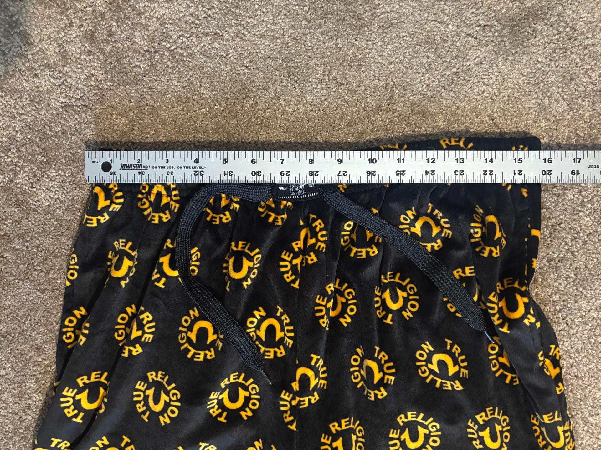 True Religion Men L Pajama Pants Black Gold All Over Print Logo Sleepwear Soft 4