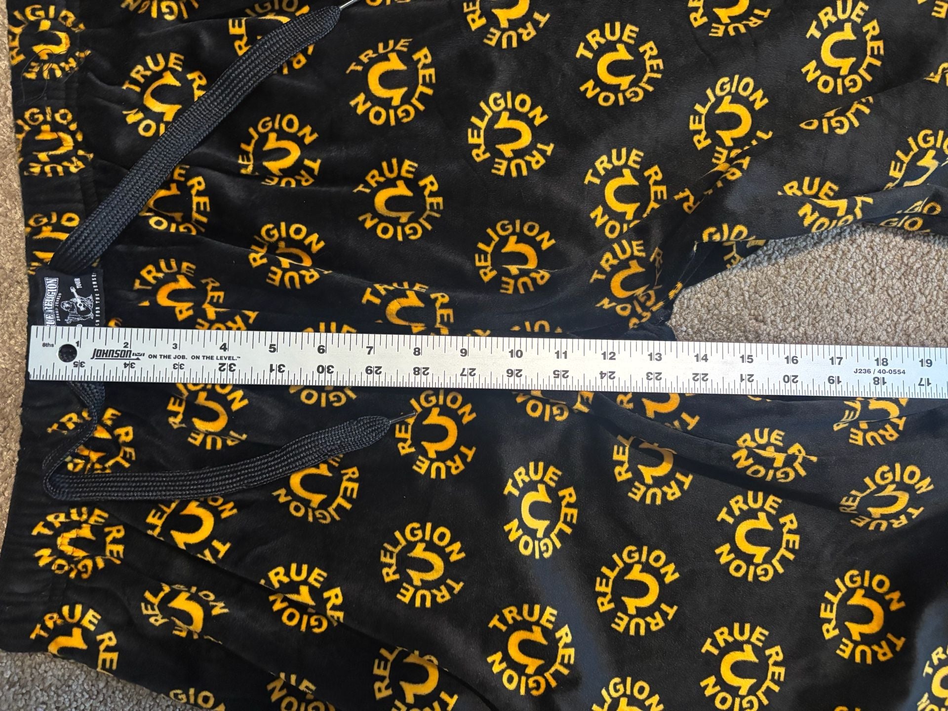 True Religion Men L Pajama Pants Black Gold All Over Print Logo Sleepwear Soft 5