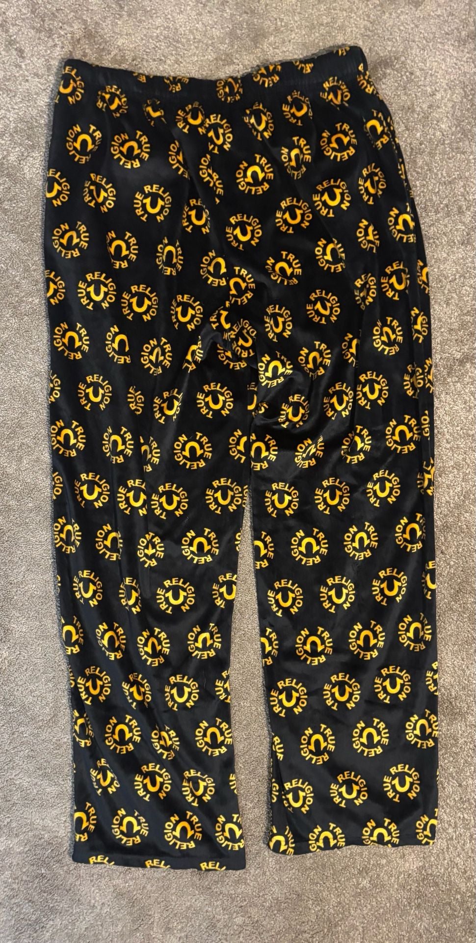 True Religion Men L Pajama Pants Black Gold All Over Print Logo Sleepwear Soft 7