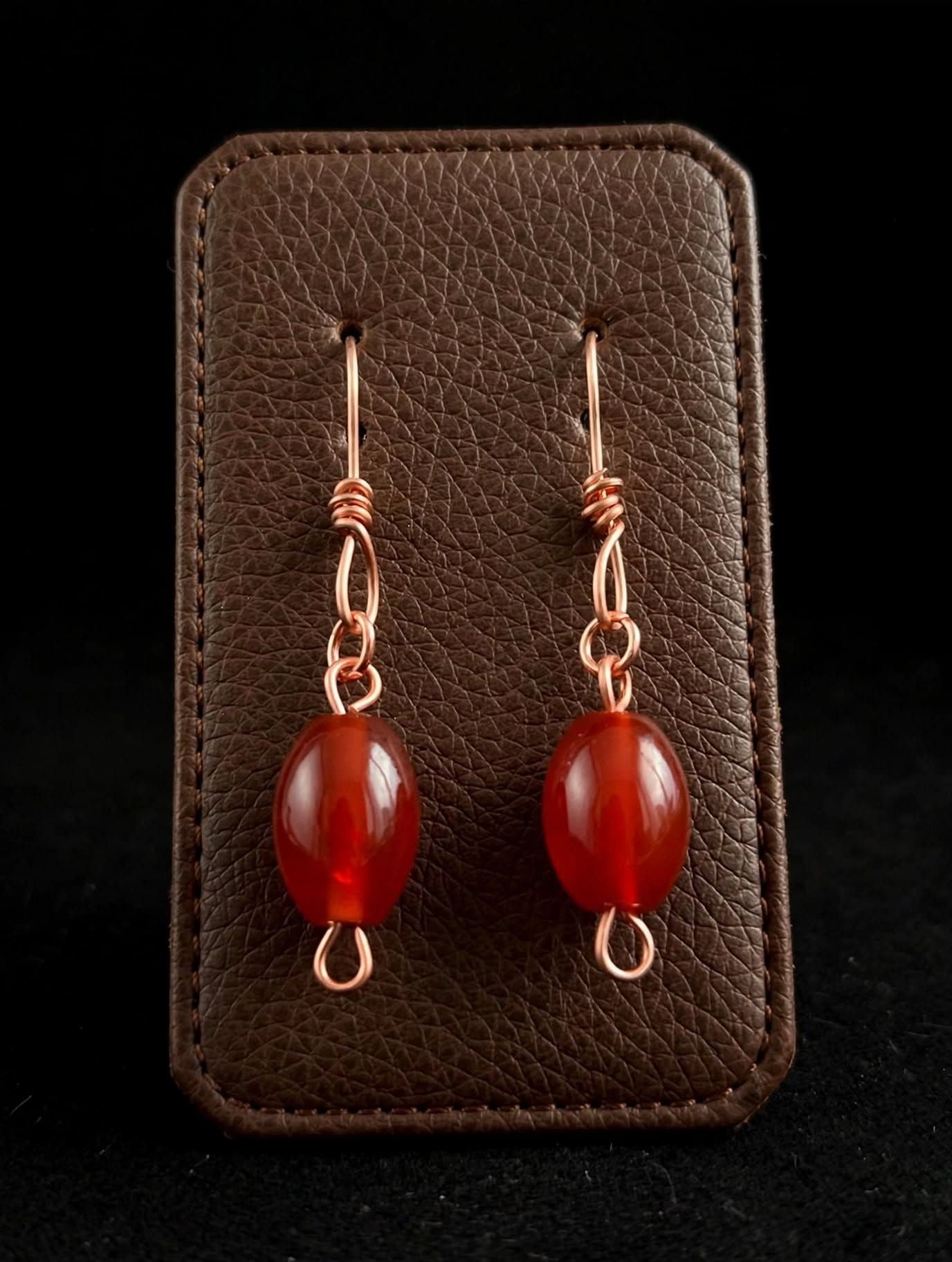Copper Wire Wrapped Oval Carnelian Dangle Earrings 2