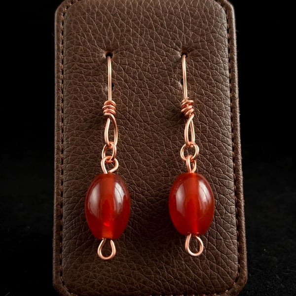 Copper Wire Wrapped Oval Carnelian Dangle Earrings