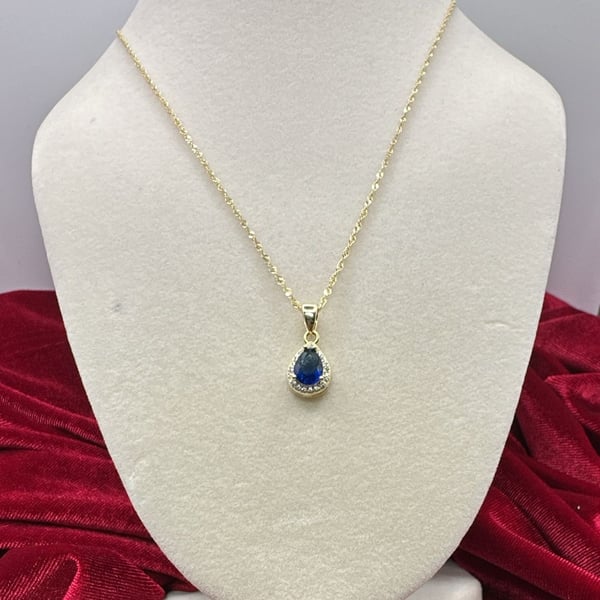 New 925 Silver Blue Sapphire Pear Shaped Halo Pendant Necklace with Gold Tone