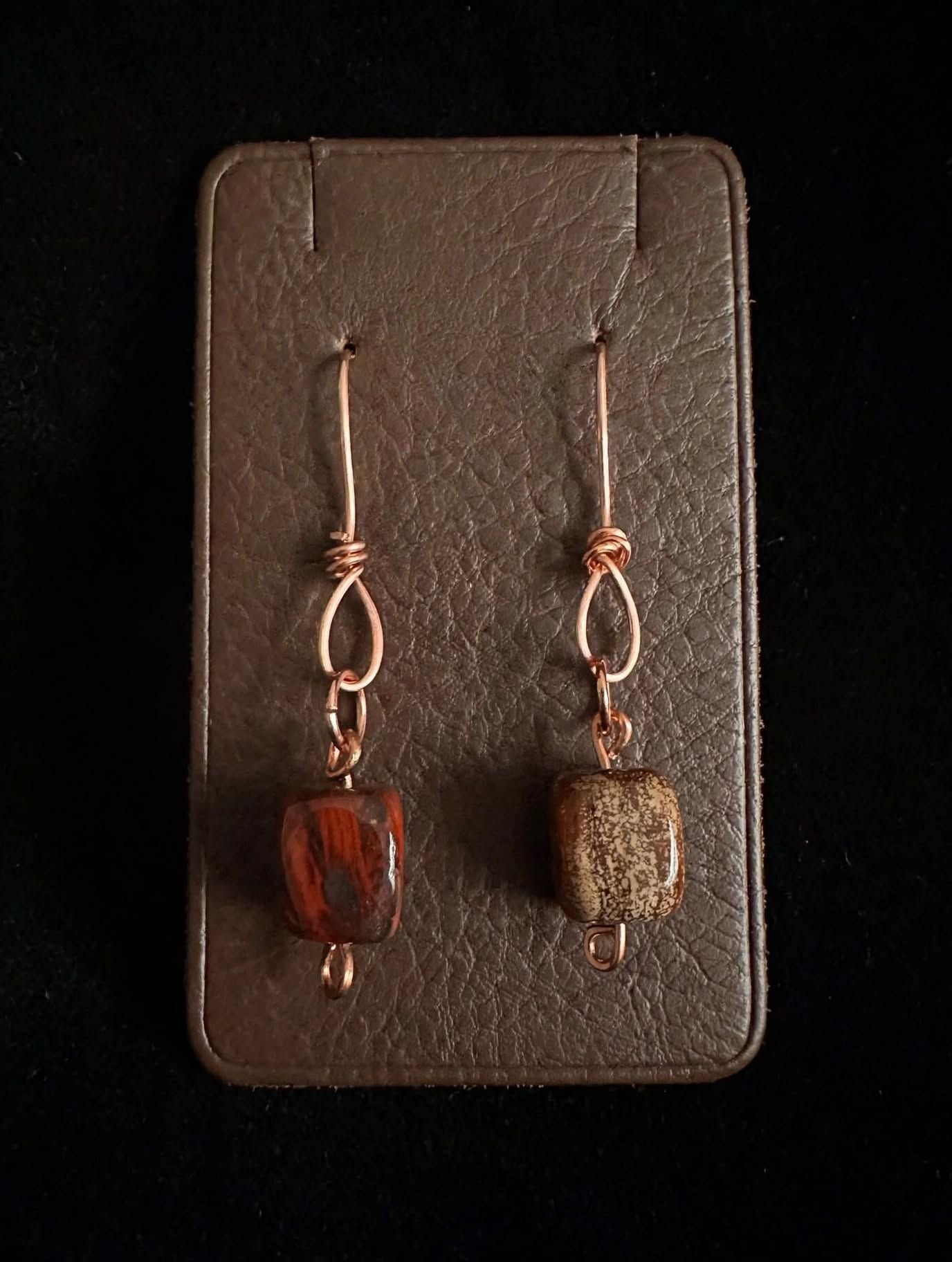 Handmade Artisan Copper Wire Wrapped Red and Brown Jasper Cube Dangle Earrings 1