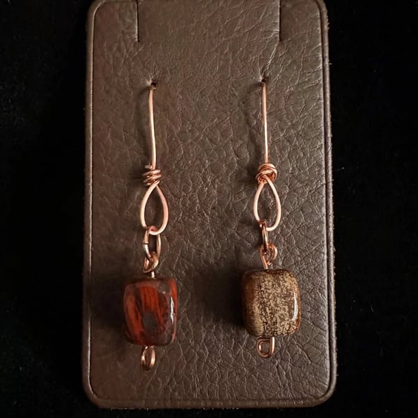 Handmade Artisan Copper Wire Wrapped Red and Brown Jasper Cube Dangle Earrings