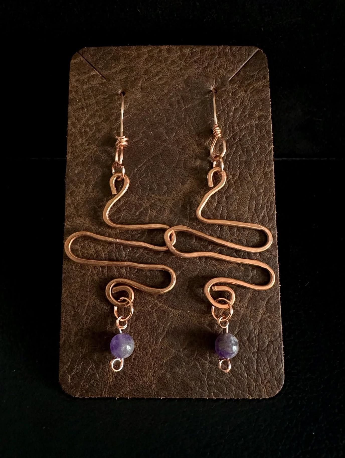 Handmade Copper Wire Wrapped Scroll Dangle Earrings with Amethyst Beads 2