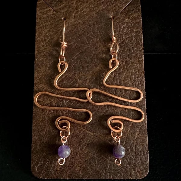 Handmade Copper Wire Wrapped Scroll Dangle Earrings with Amethyst Beads