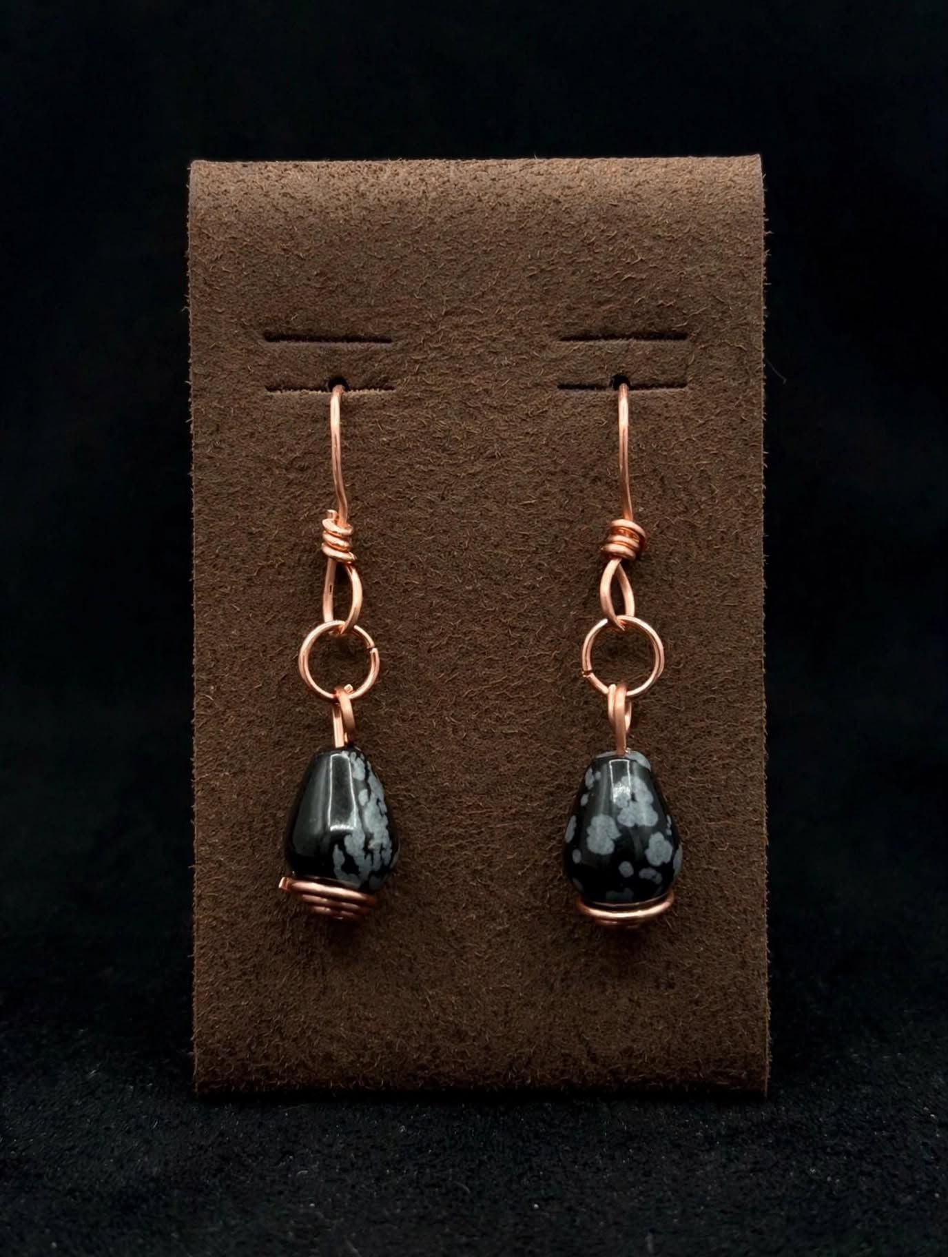 Handmade Copper Wire Wrapped Snowflake Obsidian Teardrop Dangle Earrings 2