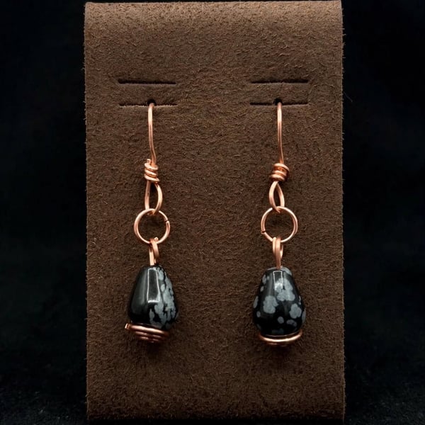 Handmade Copper Wire Wrapped Snowflake Obsidian Teardrop Dangle Earrings