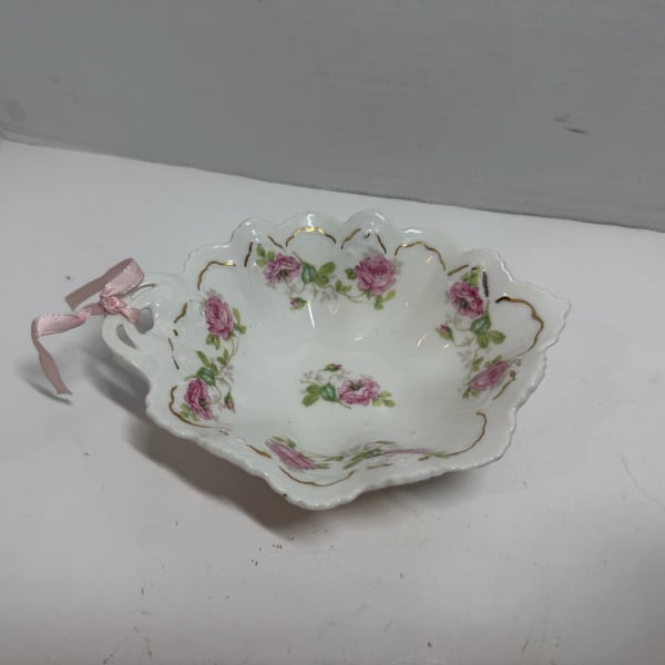 MZ Austria Antique Porcelain Scalloped Pink Rose Handle Candy Dish