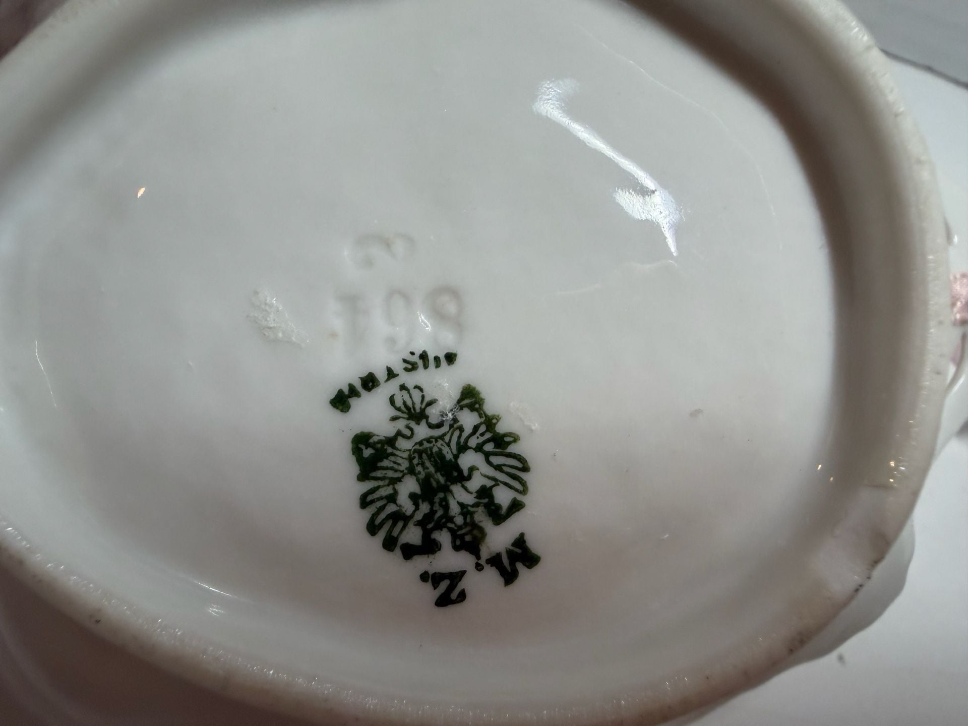 MZ Austria Antique Porcelain Scalloped Pink Rose Handle Candy Dish 5