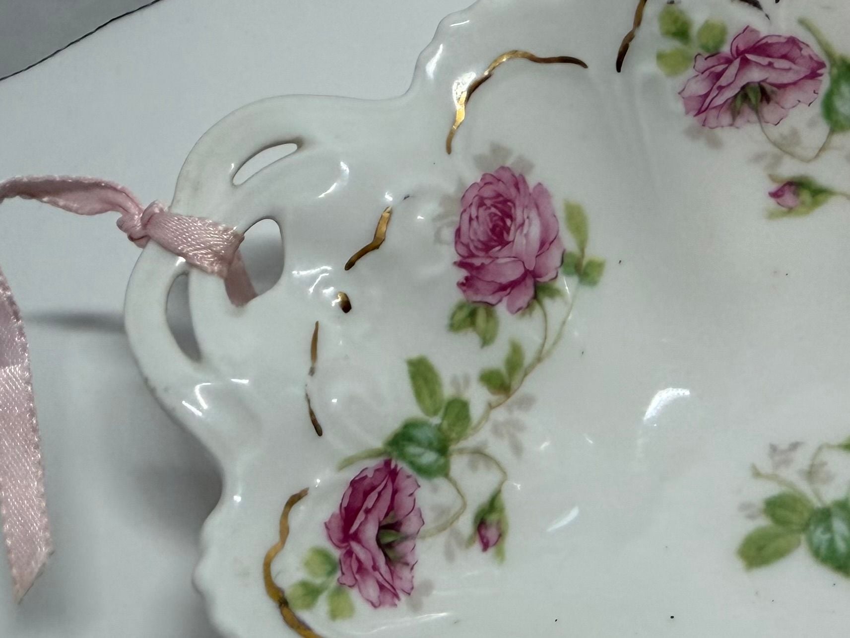 MZ Austria Antique Porcelain Scalloped Pink Rose Handle Candy Dish 6