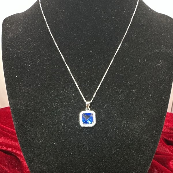 New Sterling Silver Blue Sapphire Emerald Cut Pendant Necklace