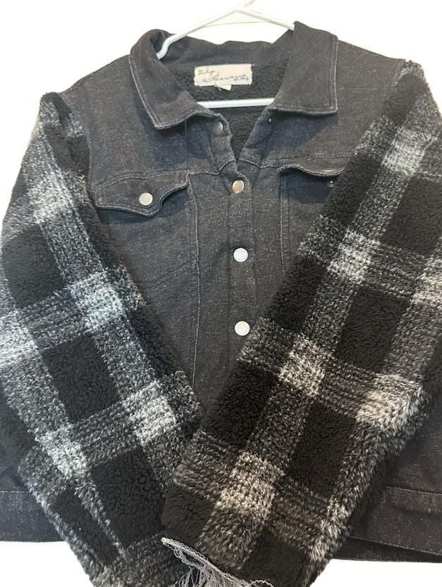 Vintage Havana Black Denim and Buffalo Plaid Sherpa Jacket with Raw Edge Cuffs 3