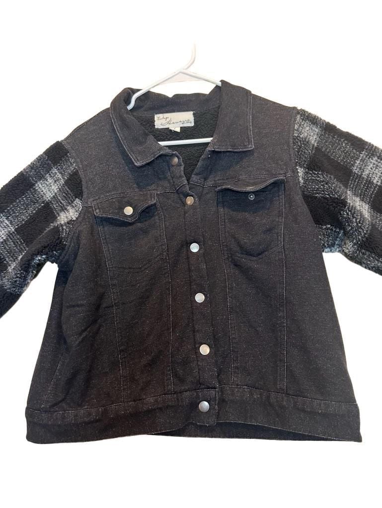 Vintage Havana Black Denim and Buffalo Plaid Sherpa Jacket with Raw Edge Cuffs 4