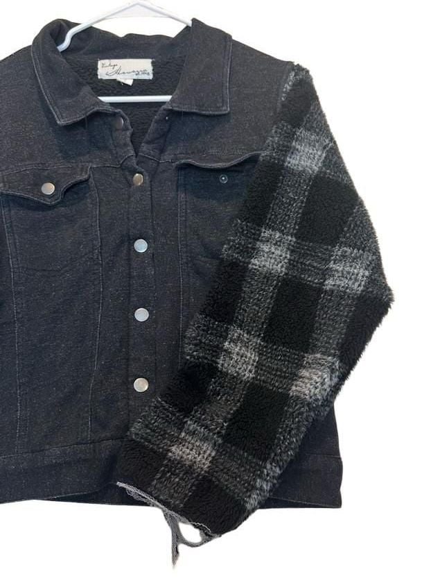 Vintage Havana Black Denim and Buffalo Plaid Sherpa Jacket with Raw Edge Cuffs 2