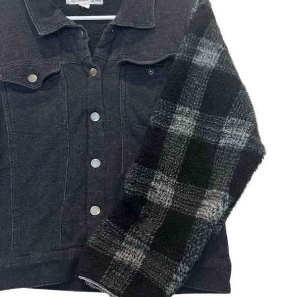 Vintage Havana Black Denim and Buffalo Plaid Sherpa Jacket with Raw Edge Cuffs
