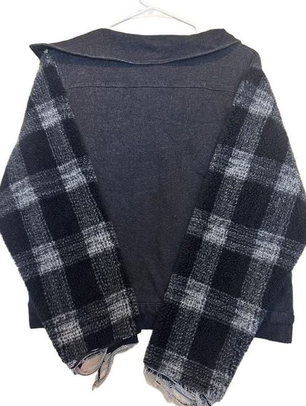 Vintage Havana Black Denim and Buffalo Plaid Sherpa Jacket with Raw Edge Cuffs 7