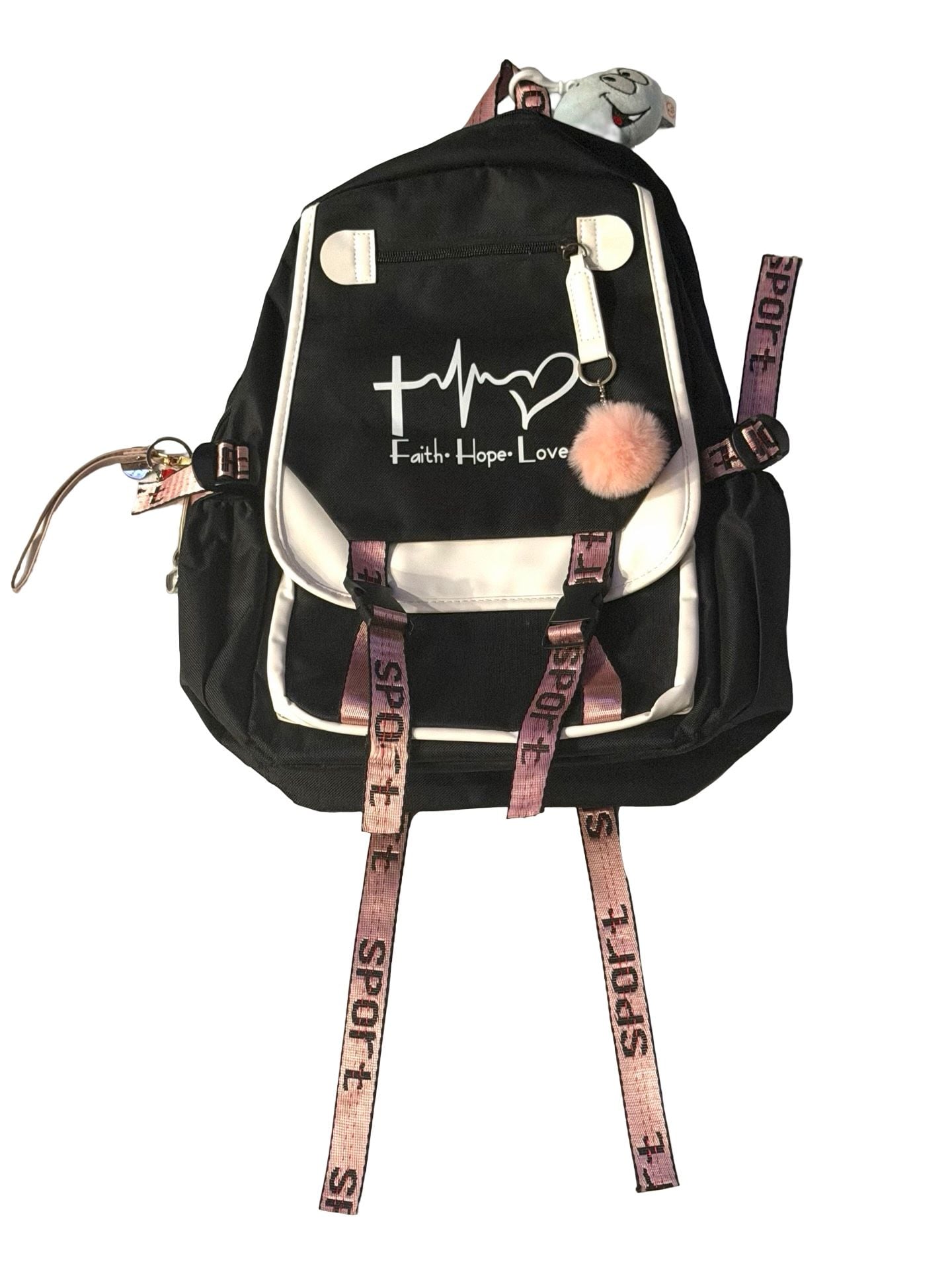Faith Hope Love Graphic Black and White School Backpack with Pink Straps 2