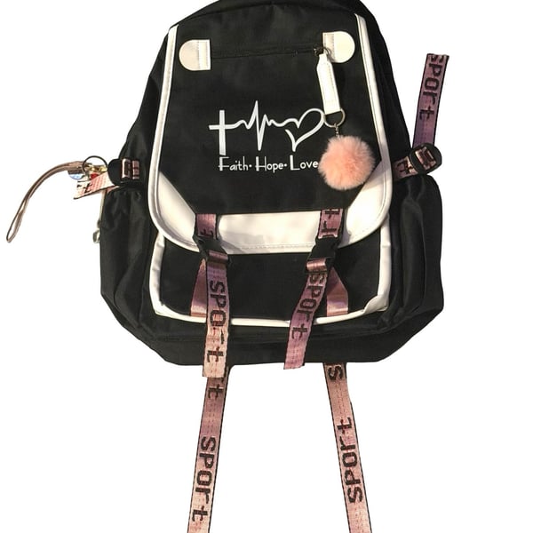 Faith Hope Love Graphic Black and White School Backpack with Pink Straps